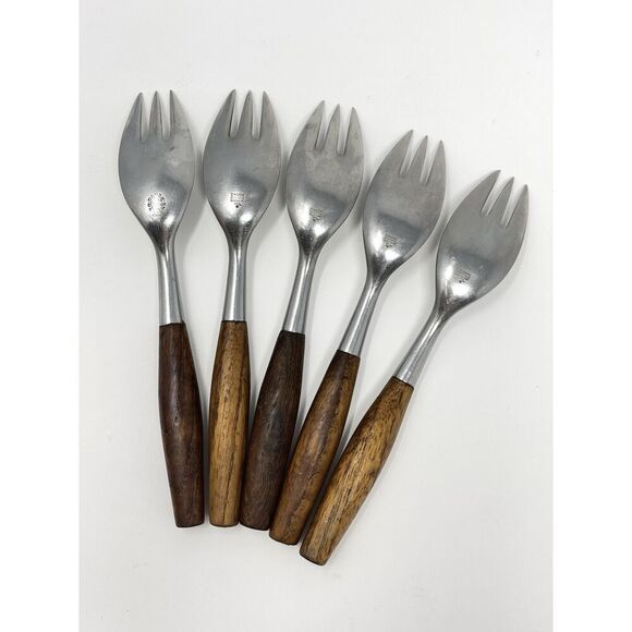 Dansk FJORD Salad Forks Teak Handle Stainless Steel Germany 6 5/8” Set Of 5 - Picture 5 of 9